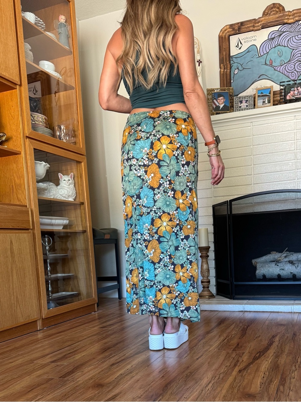Volcom Women's Floral silky Maxi Skirt in Teal & Mustard